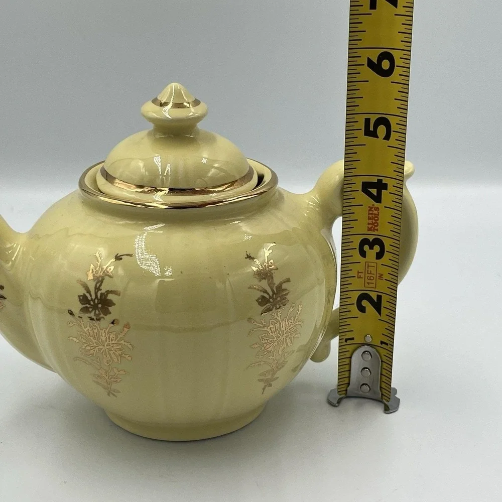 Vintage Pearl China Teapot Yellow with Lid 22K Trim And Flowers 5.5